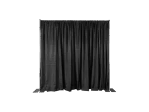 Full black drape hanging on a pipe and drape system. png blank background.