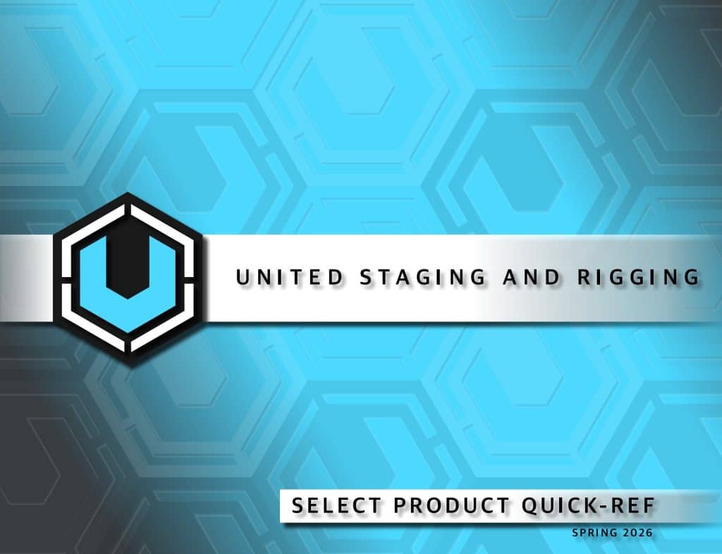 Title page of our spring product cataloge. The background is a bright blue between baby blue and teal neon. The background has slightly darker USR logos on a 45 degree angle. In the middle it has our blue logo in full opacity with "United Staging and Rigging" on a gradianted white/gret banner. In the bottom right it says "select product quick-ref spring 2026"
