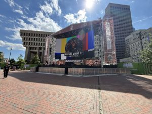 Large outdoor stage with roof in downtown Boston for FIFA world cup FiFA fan festival