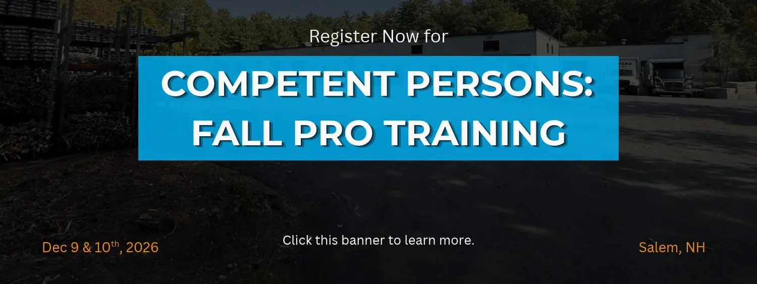 Clickable banner to go to the landing, info, and registration page for the Dec 2026 Competent Persons Fall Protection training class. Dates: Dec 9 & 10. Salem, NH. Banner is photo of the Salem warhouse with a dark almost opaque block over it to dull image out, with the words with he above info on the top layer.