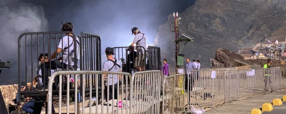 Bike racks line the ground for safety during the live shoot of Nic Wallenda, aerialist, at Masaya Volcano in Nicaragua. #VolcanoLive TV and film crews are around getting ready to film.