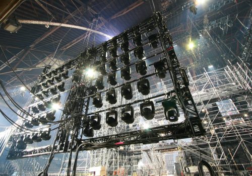 Lighting grid inside theater , looking up at back of lighting grid and rigging during a performance.